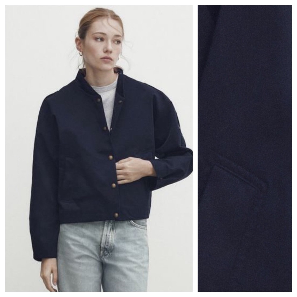 NWT. Massimo Dutti Navy Decorative Snap Front Adjustable Bottom Jacket. Size M.